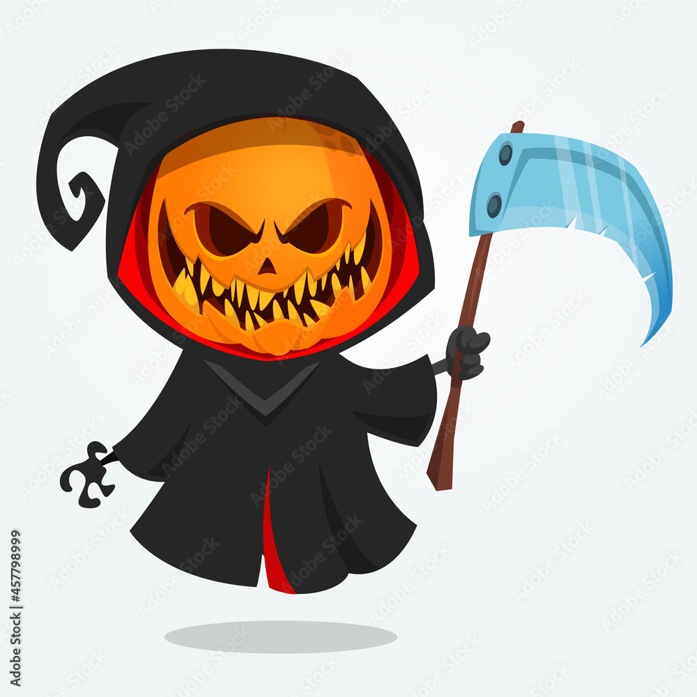 Obraz premium Grim reaper pumpkin head cartoon character with scythe. Halloween jack o lantern illustration design for party invitation or poster. Vector scarecrow
