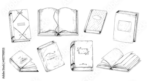 Hand drawn books. Vintage engraving of student and school reading library. Black and white sketches of open or closed textbooks with bookmarks in hard covers. Vector literature set