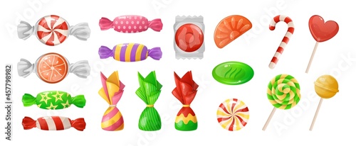 Sweet candies. Cartoon lollipops and bonbons wrapped in decorative foil. Yummy jelly or toffee. Isolated gummy and chocolate desserts. Vector Christmas hard and chewy confectioneries set