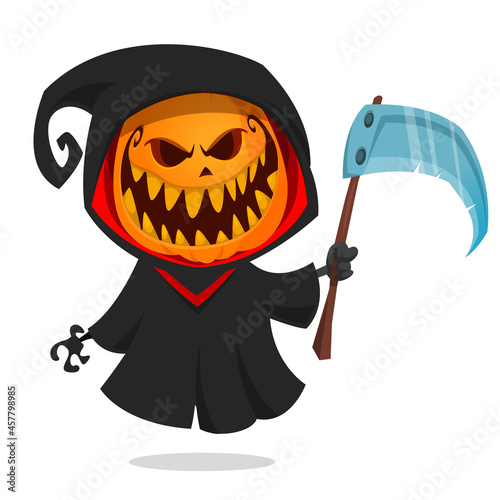 Grim reaper pumpkin head cartoon character with scythe. Halloween jack o lantern illustration design for party invitation or poster. Vector scarecrow
