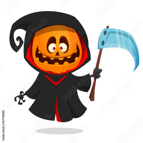 Grim reaper pumpkin head cartoon character with scythe. Halloween jack o lantern illustration design for party invitation or poster. Vector scarecrow