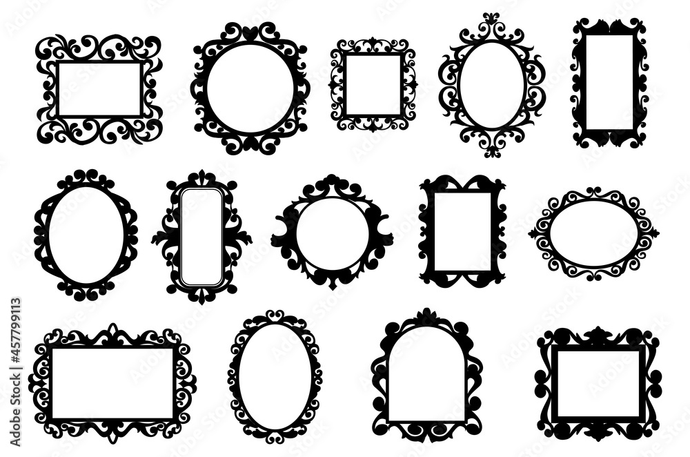Black vintage frames. Hand drawn silhouettes of decorative square and round borders set for quotes. Elegant retro mirror and picture frameworks collection. Vector wall baroque decor