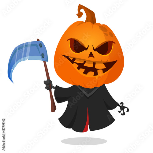 Grim reaper pumpkin head cartoon character with scythe. Halloween jack o lantern illustration design for party invitation or poster. Vector scarecrow