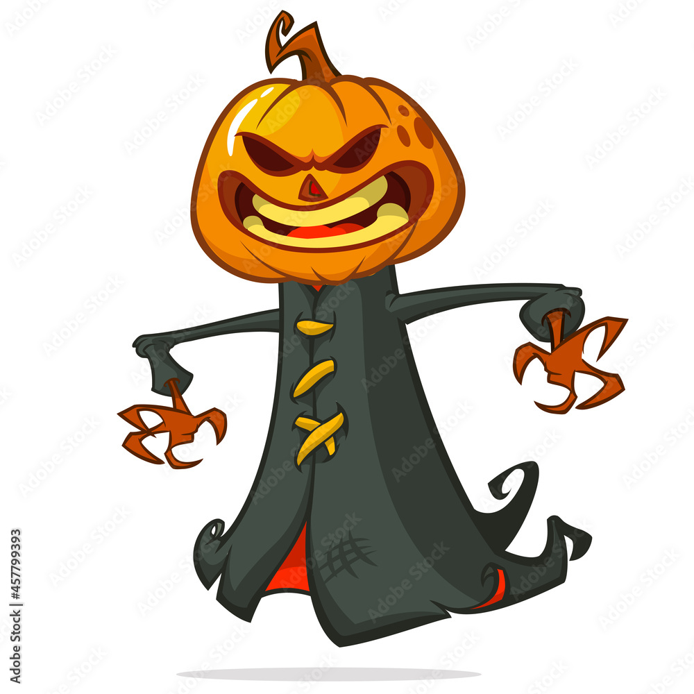 Grim reaper pumpkin head cartoon character. Halloween jack o lantern illustration design for
