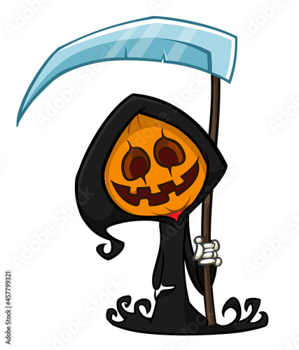 Grim reaper pumpkin head cartoon character with scythe. Halloween jack o lantern illustration design for party invitation or poster. Vector scarecrow