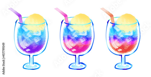 クリームソーダの水彩イラスト　色違いセット　グラデーション