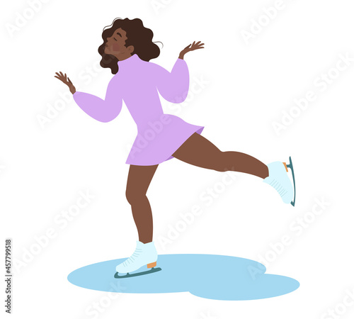 A cute redhead girl with fluttering hair in an orange short dress enjoys ice skating. Vector illustration. Figure skating, winter sports, activity, elegance, an element for New Year and Christmas card