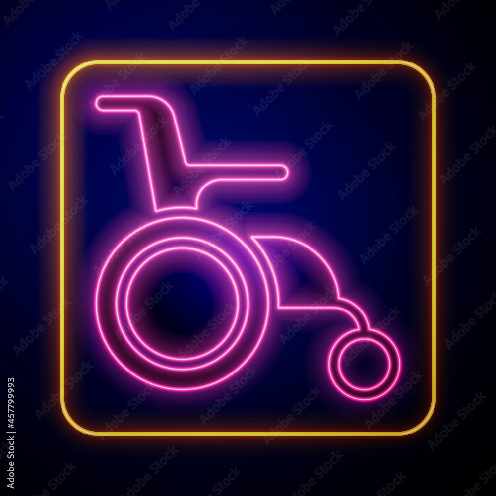 Glowing neon Wheelchair for disabled person icon isolated on black background. Vector Glowing neon Wheelchair for disabled person icon isolated on black background. Vector