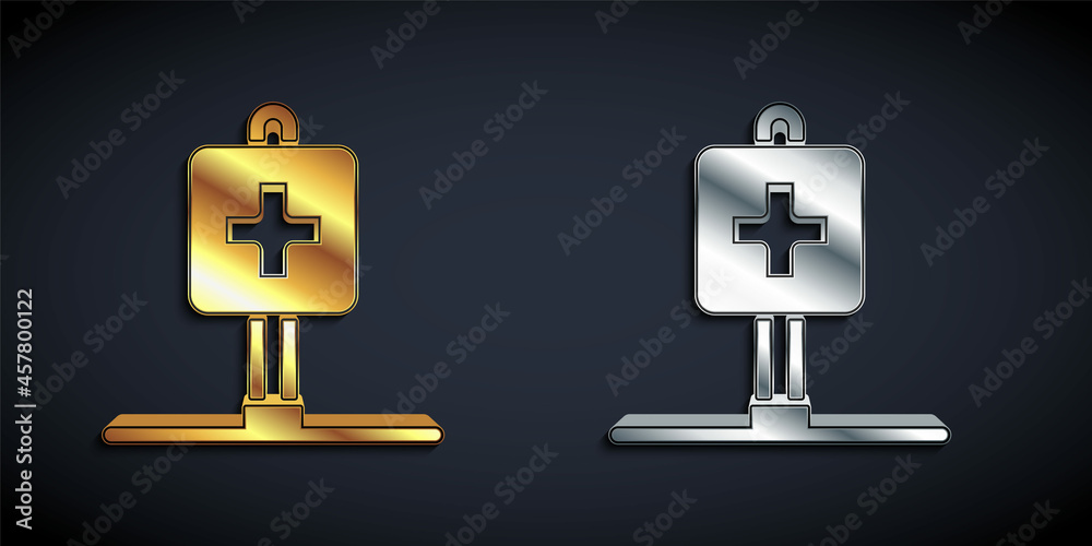 Gold and silver Medical map pointer with cross hospital icon isolated on black background. Long shadow style. Vector Gold and silver Medical map pointer with cross hospital icon isolated on black background. Long shadow style. Vector