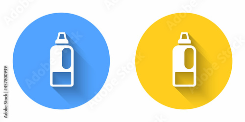 White Plastic bottle for laundry detergent, bleach, dishwashing liquid or another cleaning agent icon isolated with long shadow background. Circle button. Vector