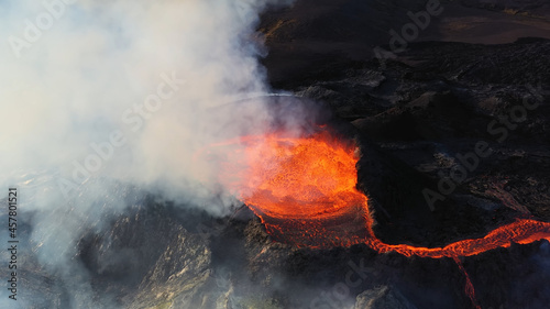 Lava flows from Mount Fagradalsfjall, aerial evening view, iceland lava spill out of the crater Mount Fagradalsfjall, September 2021, Iceland 