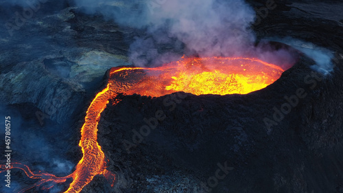 Lava flows from Mount Fagradalsfjall, aerial evening view, iceland lava spill out of the crater Mount Fagradalsfjall, September 2021, Iceland 