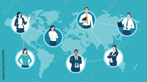 Network. Global Business. Illustration of a business team and world map. Business illustration
