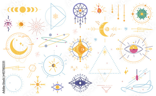 Wicca occult magic witchcraft flat cartoon icons isolated set. Vector magical signs, evil eye, celestial symbols of moon phase. Esoteric, spiritual inspired magician mystical gemstone amulets