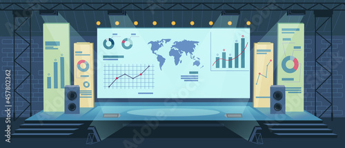 Interior of presentation room, screen with charts and graphs, conference hall and presentation room, audience screen background. Vector modern stage for audiences, loud speakers and light lamps
