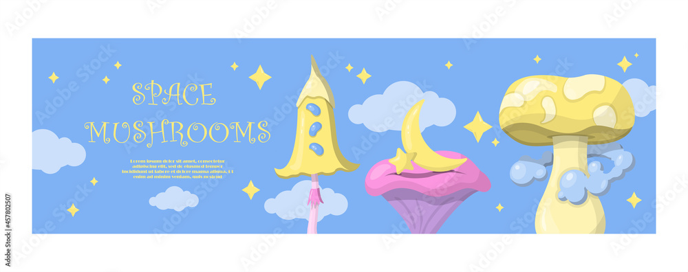vector magic mushrooms. Banner Space cartoon mushrooms. Colorful illustrations of space with flying saucers, planets and stars. Banner, advertisement, poster. A set of witch icons for Halloween.