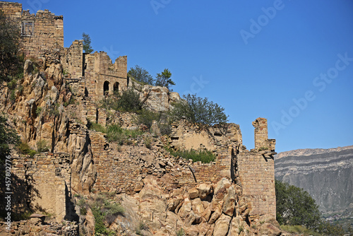 The ruins of the abandoned village of Gamsutl, located high in the mountains. Republic of Dagestan, Russia
