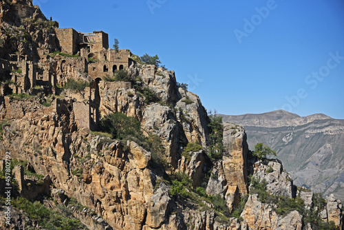The ruins of the abandoned village of Gamsutl, located high in the mountains. Republic of Dagestan, Russia