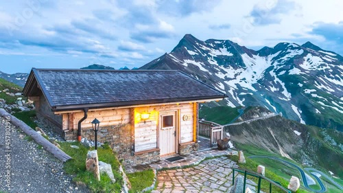 Wooden Cabin Hut in High Alpine Landscape in Austria. Sunset Time Lapse