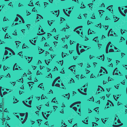 Black Slice of pizza icon isolated seamless pattern on green background. Fast food menu. Vector