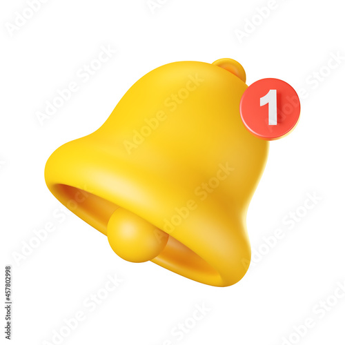 3d notification bell icon isolated on white background. 3d render yellow ringing bell with new notification for social media reminder. Realistic vector icon