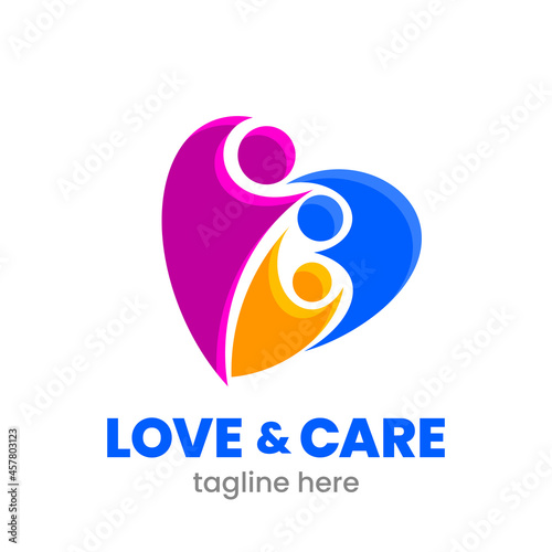 Love and Care logo template. Abstract family in heart shape. Colorful emblem. Stock vector illustration.