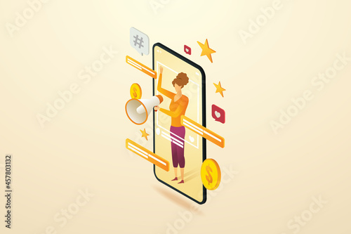Woman megaphone promoting social media.