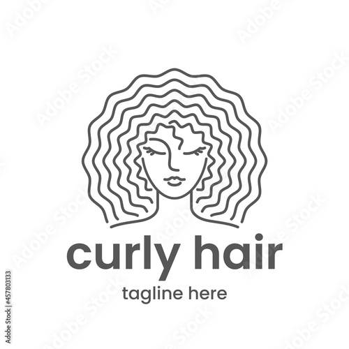 Curly hair emblem template. Hair salon or beauty salon logo design template. Abstract woman face in one color. Stock vector illustration.
