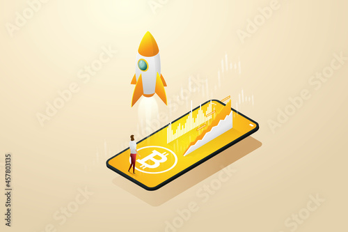 Bitcoin and Cryptocurrency rocket, smartphone.