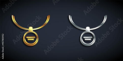 Gold and silver Locket on necklace icon isolated on black background. Long shadow style. Vector