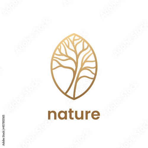 Fototapeta Naklejka Na Ścianę i Meble -  Nature logo template. Golden emblem with tree in outline style. Stock vector illustration for eco concepts, spa, cosmetics.