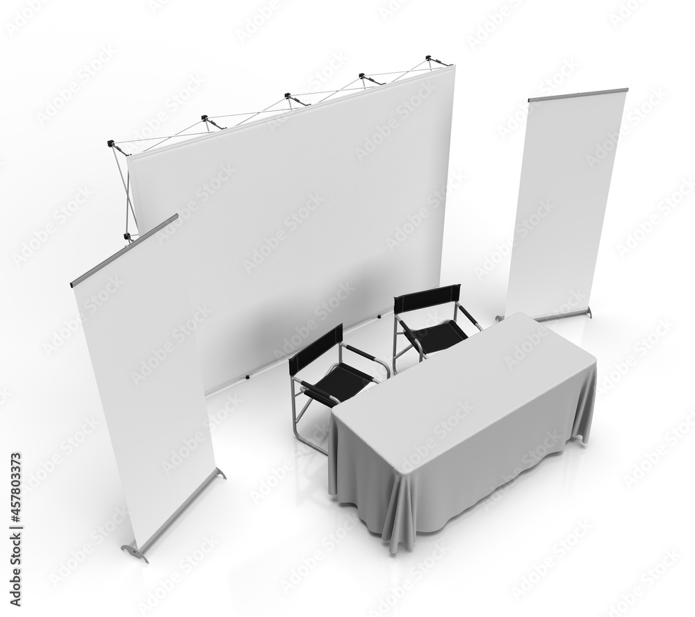Exhibition Wall Banner Cloth Displays with two pull up banners, a table cloth runner over a trestle table & two directors chairs. 3D Rendered Illustration Perspective View for mockups & illustrations Exhibition Wall Banner Cloth Displays with two pull up banners, a table cloth runner over a trestle table & two directors chairs. 3D Rendered Illustration Perspective View for mockups & illustrations