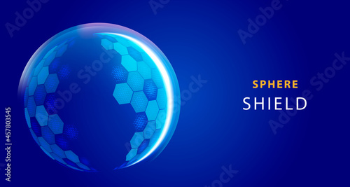 Modern tech futuristic of bubble dome shield sphere with hexagon halftone pattern grid elements on dark blue background.
