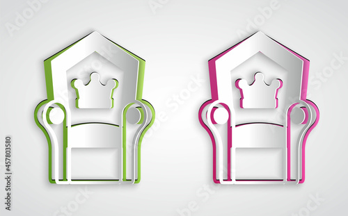 Paper cut Medieval throne icon isolated on grey background. Paper art style. Vector