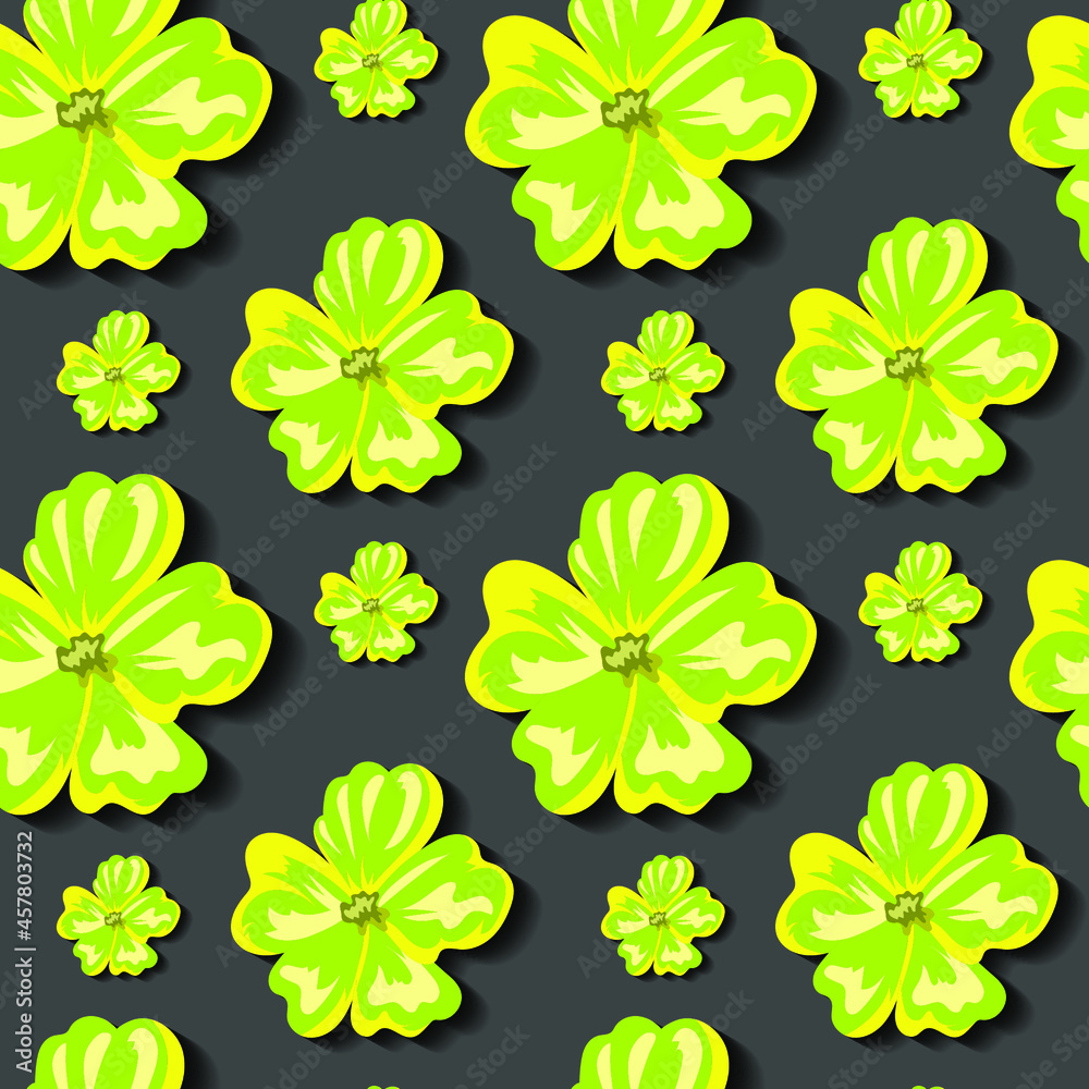 Yellow-green flowers with shadow on a gray background, 3d texture for design, wallpaper for home, seamless pattern, vector illustration Yellow-green flowers with shadow on a gray background, 3d texture for design, wallpaper for home, seamless pattern, vector illustration