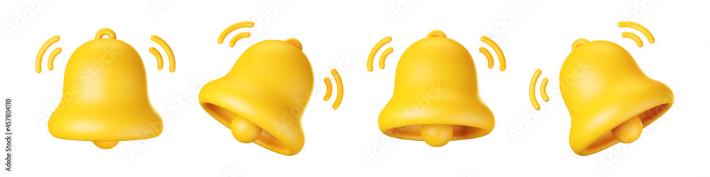 3d notification bell icon set isolated on white background. 3d render yellow ringing bell with new notification for social media reminder. Realistic vector icon 3d notification bell icon set isolated on white background. 3d render yellow ringing bell with new notification for social media reminder. Realistic vector icon