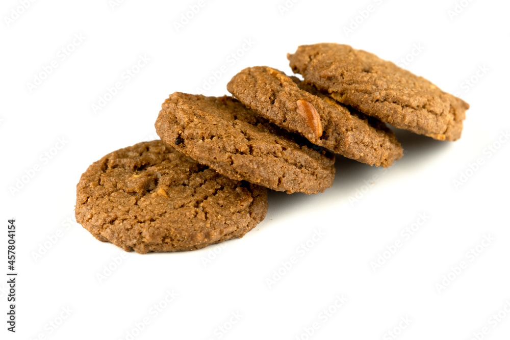 Delicious tasty snack of brown cookies with peanut isolated on white background Delicious tasty snack of brown cookies with peanut isolated on white background