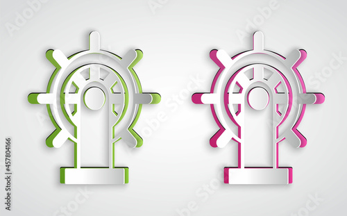 Paper cut Ship steering wheel icon isolated on grey background. Paper art style. Vector