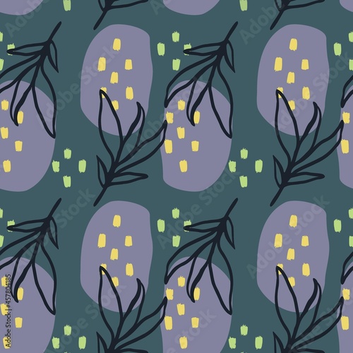 Vector collage contemporary floral seamless pattern with line art leaf brunch, yellow blobs and purple shapes on the dark green background. Modern illustration for textile, wallpaper and other design