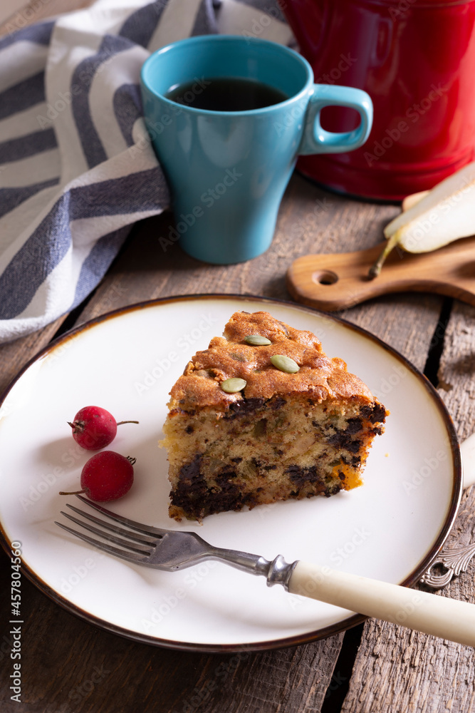pear pie with chocolate and a cup of tea pear pie with chocolate and a cup of tea