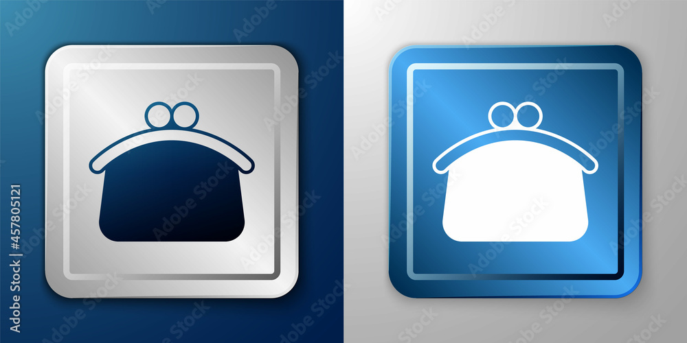 White Wallet icon isolated on blue and grey background. Purse icon. Cash savings symbol. Silver and blue square button. Vector