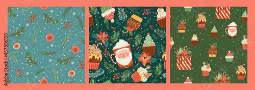 Set of Christmas and Happy New Year seamless patterns with christmas sweets and spruce twigs