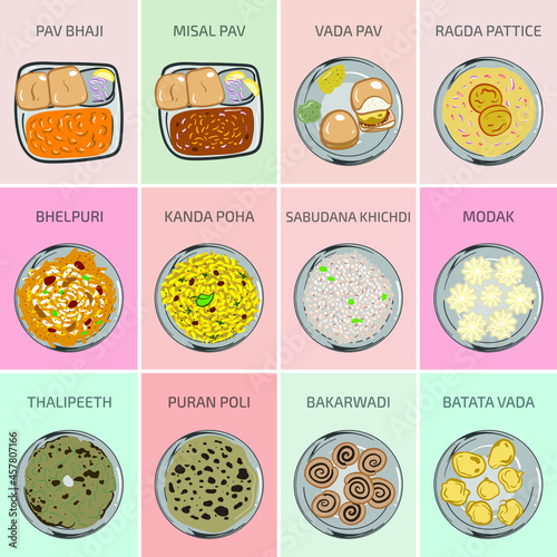 Indian food vector graphics. Bengali Food. Main Course breakfast lunch and dinner meals in India. Roshogolla egg curry kathi rolls shondesh rasmalai alor dum mishti doi daab chingri jhal muri shukto photo