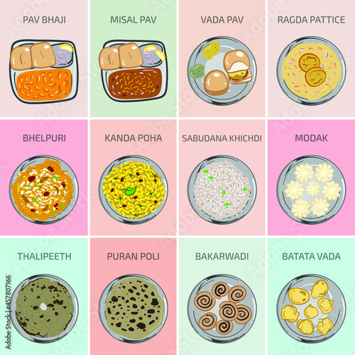Indian food vector graphics. Bengali Food. Main Course breakfast lunch and dinner meals in India. Roshogolla egg curry kathi rolls shondesh rasmalai alor dum mishti doi daab chingri jhal muri shukto