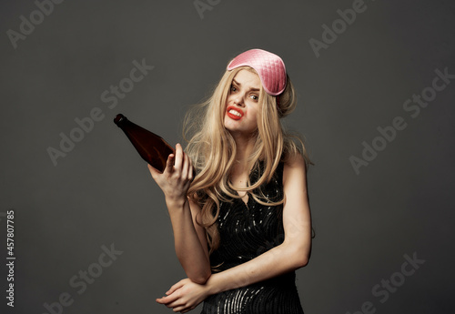 cheerful woman fun emotions Red lipstick alcohol dark background
