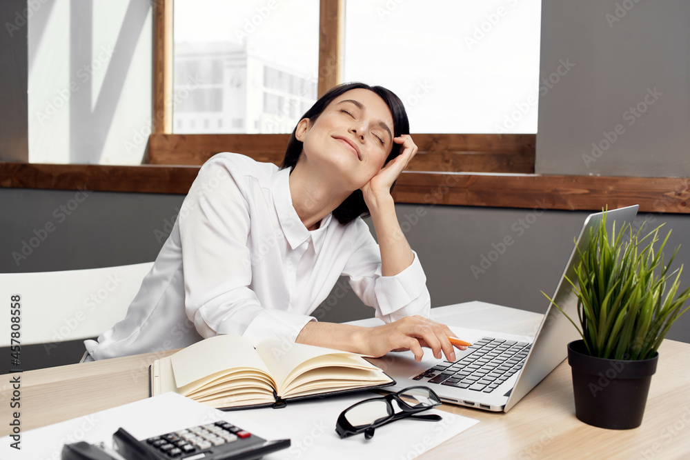 woman in costume in front of laptop Secretary executive Studio Lifestyle woman in costume in front of laptop Secretary executive Studio Lifestyle