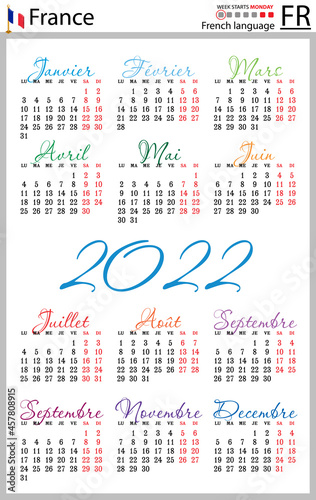 French vertical pocket calendar for 2022. Week starts Monday