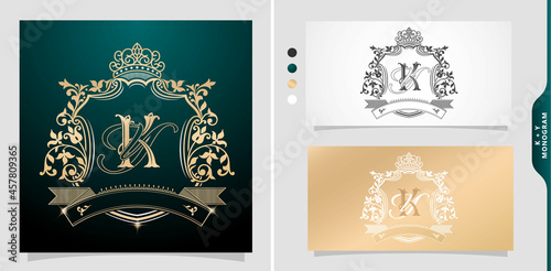 set of labels with elements a initial  letter ky or yk. graphic name title. Frame Border of floral designs with variation colors, KY or YK Monogram, for insignia, label, wedding invitation, name card. photo