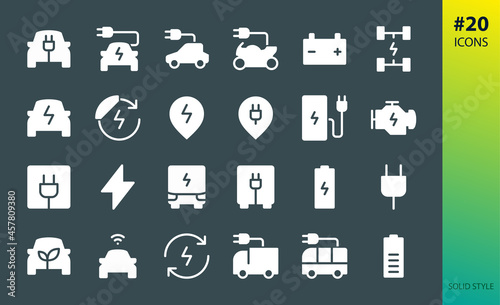 Electric eco car solid icon set. Set of e car, electric truck, bus, vehicle, auto, charge station parking, motor, plug, battery, eco transport, autopilot, smart car glyphs vector icons