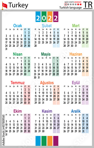 Turkish vertical pocket calendar for 2022. Week starts Monday